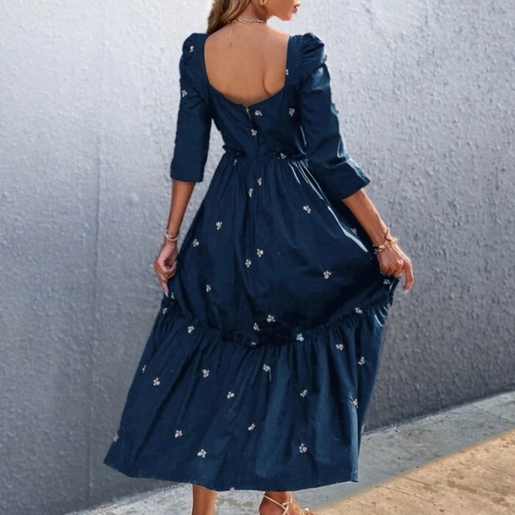 Boho Blue Floral Print Embroidered Ruffle Dress - Picture 3 of 5